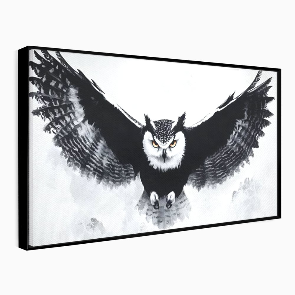 Tablou canvas cu tablou canvas cu bufnita in zbor, in rama de aluminiu negru